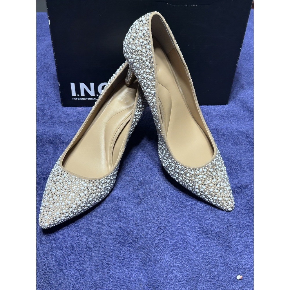 INC ZITAH92 Shoes Womens Beige Pearl Rhinestone Pumps Heels Dressy 9.5M Wedding
